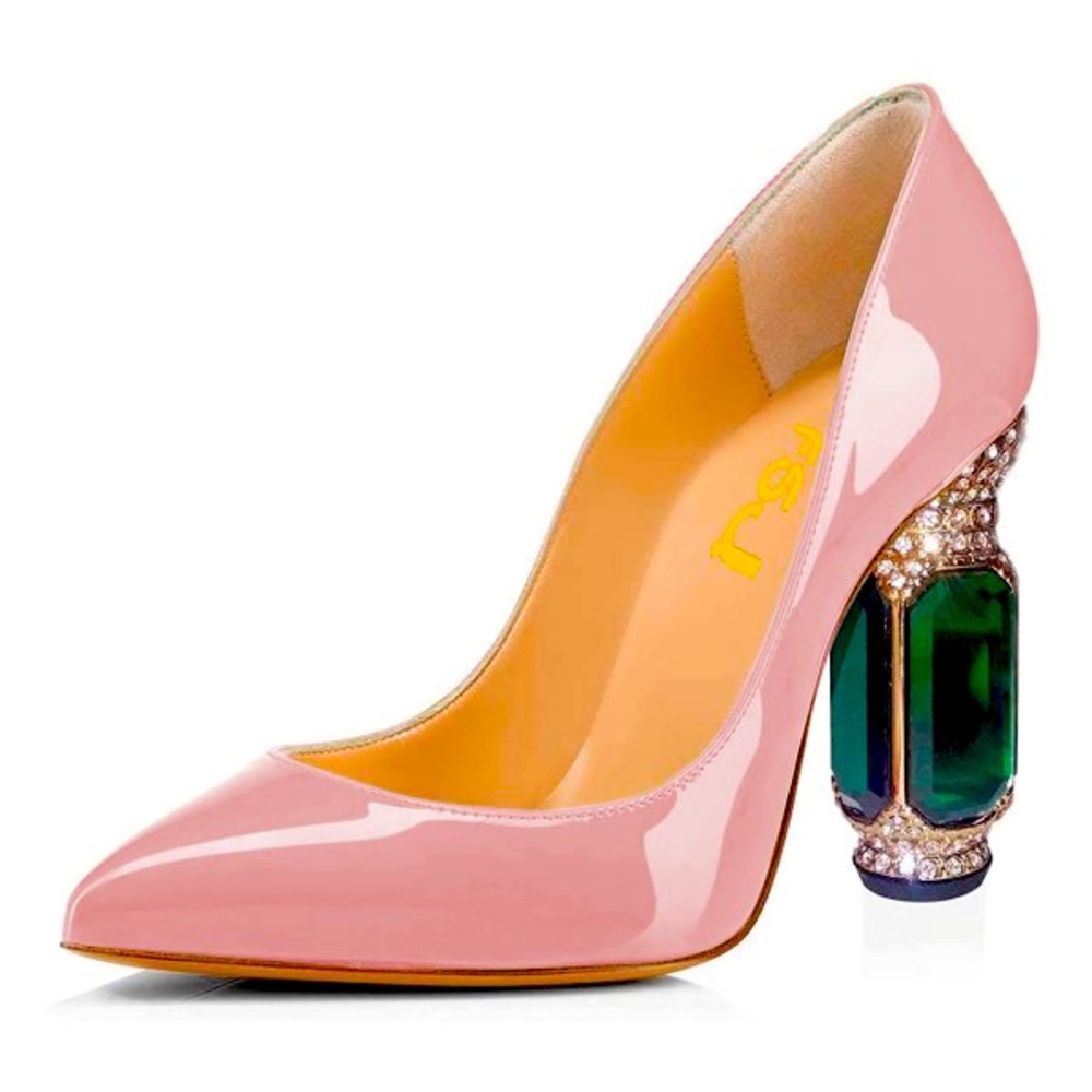 Pink Patent Leather Pump with Emerald Green & Diamond Jewel 4 inch Heel Size 10M